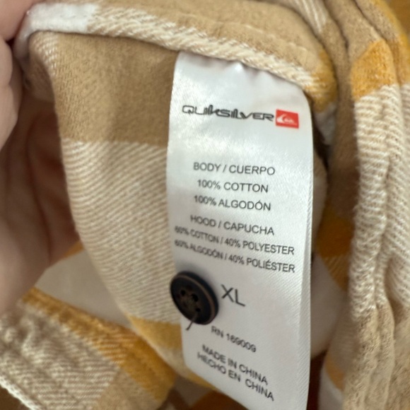 Quiksilver XL Yellow White Plaid Flannel Long Sleeve Hooded Shirt Cotton Blend - Picture 4 of 5